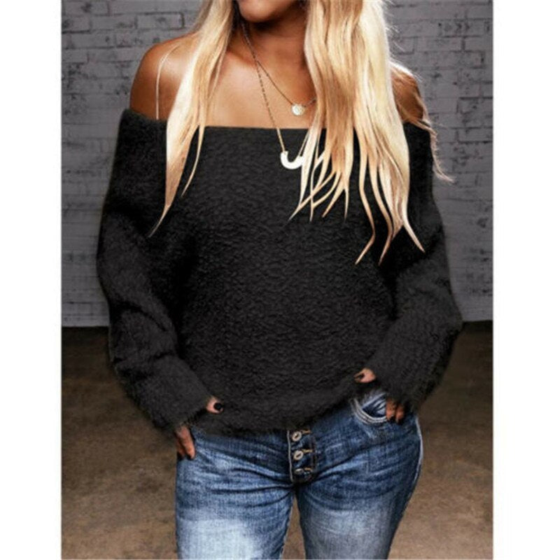 Woman Off Shoulder Top Girl Autumn Winter Plush Loose Sweater $49 NOW $29