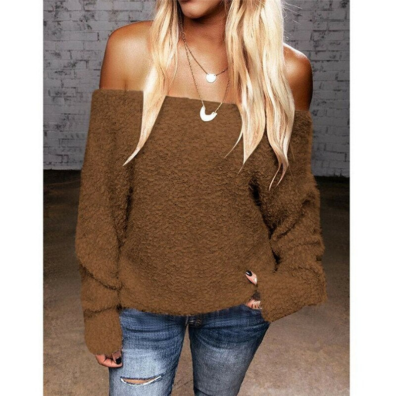 Woman Off Shoulder Top Girl Autumn Winter Plush Loose Sweater $49 NOW $29