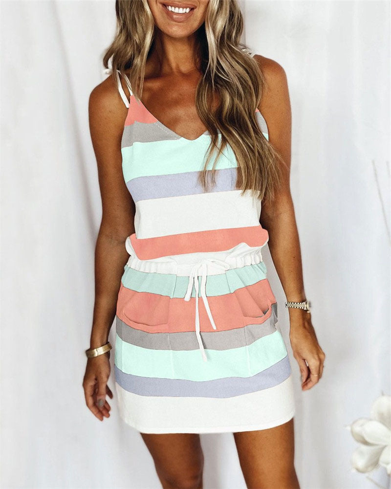 Women Fashion Stripe Drawstring Dress Summer Loose Sleeveless-E-DEALSSHOP