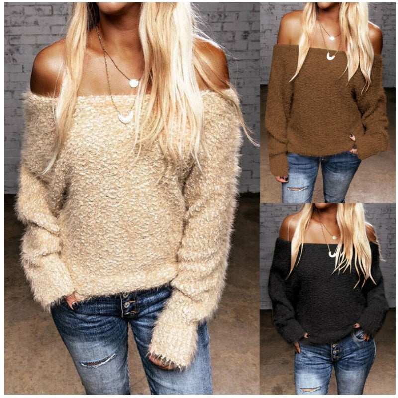 Woman Off Shoulder Top Girl Autumn Winter Plush Loose Sweater $49 NOW $29