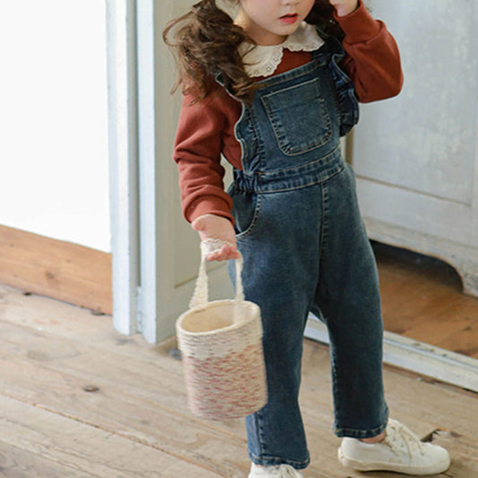 Children Girl Lotus Shoulder Denim Jumpsuit-E-DEALSSHOP