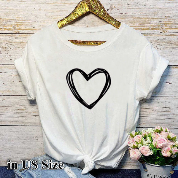 Heart Print T Shirt Women Short Sleeve -Summer Women