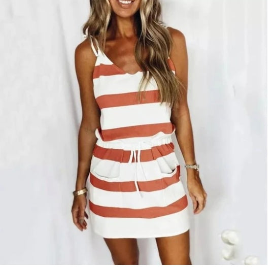 Women Fashion Stripe Drawstring Dress Summer Loose Sleeveless-E-DEALSSHOP